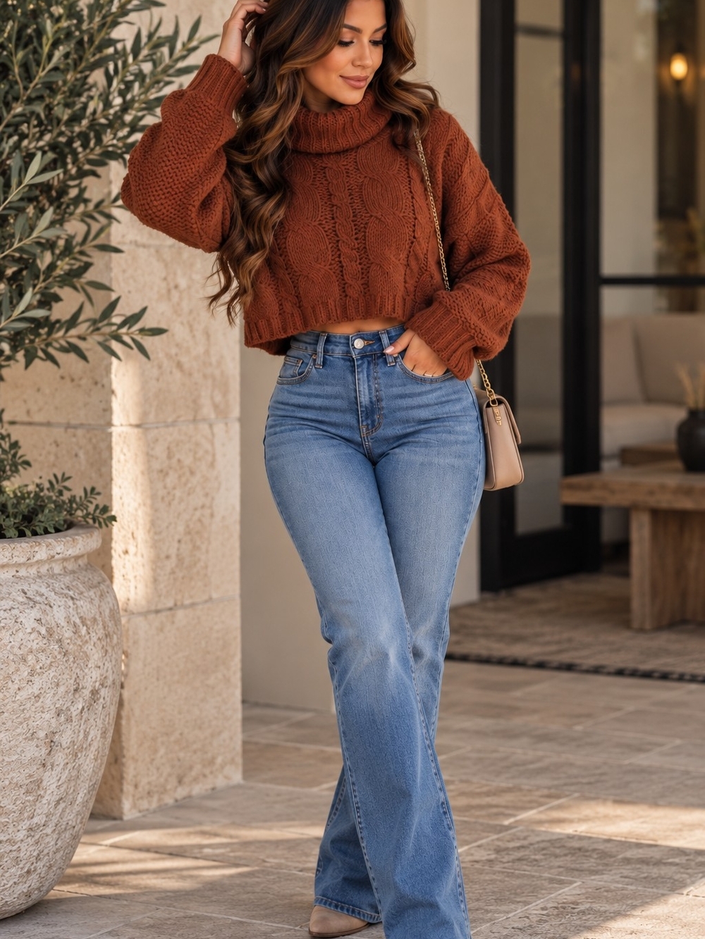 Love Tree Cropped Cable-Knit Turtleneck Sweater in Rust